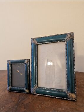 Vintage Victorian Style Teal Green & Gold Picture Frame Pair Ornate Acanthus